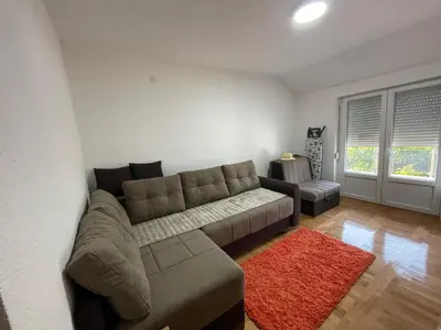 a living room with a brown couch and a red rug at Apartman La Vista Sokobanja in Soko Banja