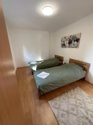 a bedroom with two beds and a rug at Boho Apartment in Niš