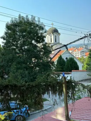 a tree in front of a building with a church at Boho Apartment in Niš