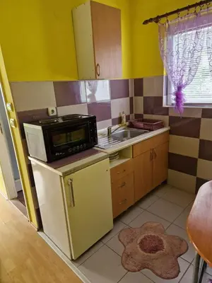 a small kitchen with a microwave and a sink at Apartments Hadži in Soko Banja
