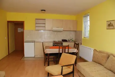 a kitchen with a table and a couch in a room at Apartments Hadži in Soko Banja