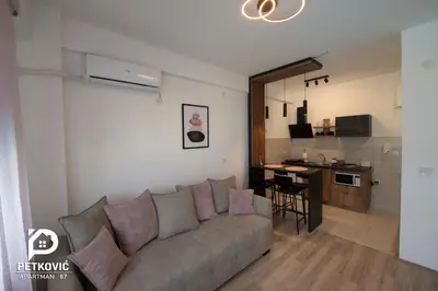 a living room with a couch and a kitchen at Petković apartmani 87 in Jagodina