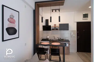 a kitchen with a table and chairs in a room at Petković apartmani 87 in Jagodina