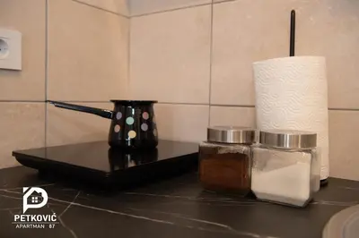 a counter with a coffee pot and a roll of paper towels at Petković apartmani 87 in Jagodina