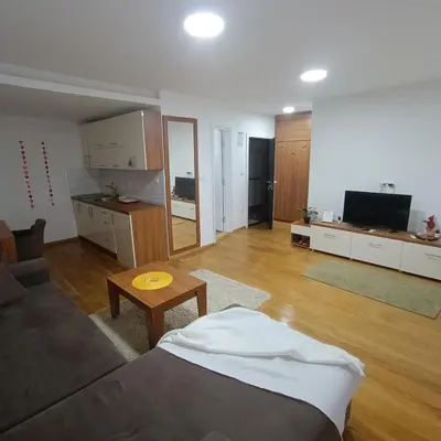 a living room with a couch and a table at APARTMANI PORTA INFINITAS centar in Vrnjačka Banja