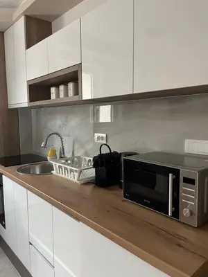 a kitchen counter with a microwave and a sink at Vila Simfonija in Vrnjačka Banja
