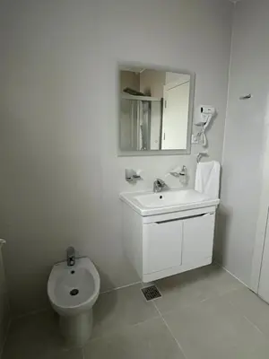 a bathroom with a toilet and a sink and a mirror at Vila Simfonija in Vrnjačka Banja