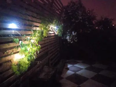 a wooden fence with plants on it at night at Kuća iz zavičaja in Kuršumlija