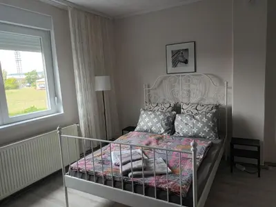 a bedroom with a metal bed with pillows and a window at Kuća Jovanka in Zaječar