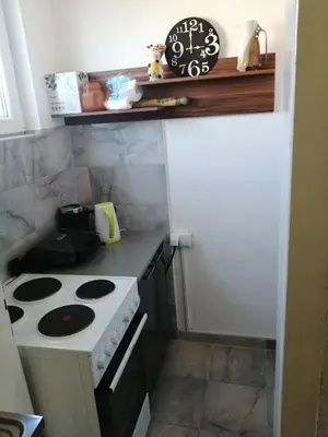 a kitchen with a stove and a counter top at Kuća Jovanka in Zaječar