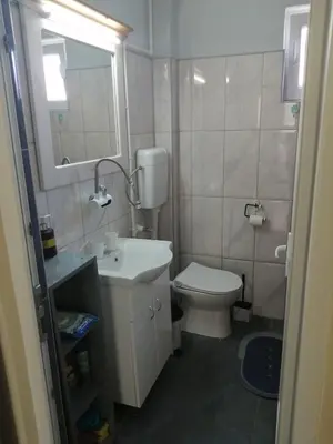 a bathroom with a sink and a toilet and a mirror at Kuća Jovanka in Zaječar