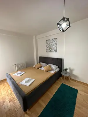 a bedroom with a large bed with a green rug at Nis Apartment in Niš