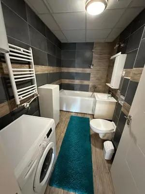 a bathroom with a washing machine and a toilet at Nis Apartment in Niš