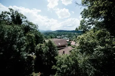 a view of a house in the middle of trees at Apartman Ksenija in Vrnjačka Banja