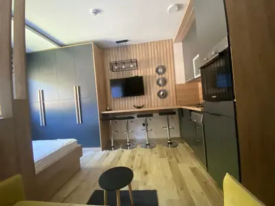 a small room with a kitchen with a bed and a counter at Lana Lux Milmari Resort in Kopaonik