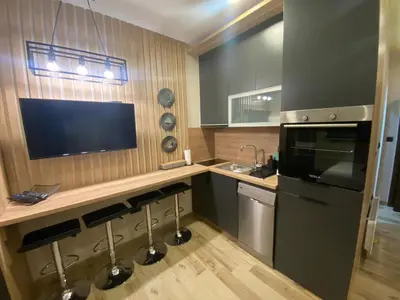 a kitchen with a counter with a sink and a refrigerator at Lana Lux Milmari Resort in Kopaonik