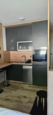 a kitchen with gray cabinets and a sink at Lana Lux Milmari Resort in Kopaonik