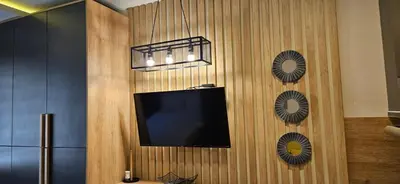 a flat screen tv on a wooden wall with plates at Lana Lux Milmari Resort in Kopaonik