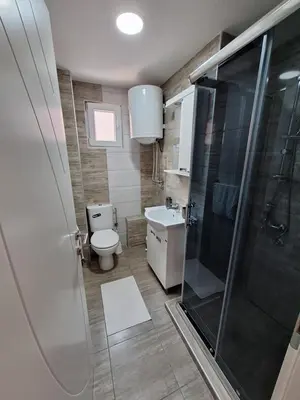 a bathroom with a shower and a toilet and a sink at Soko apartments in Jagodina