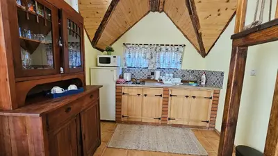 a kitchen with wooden cabinets and a white refrigerator at Vikendica Ristic in Knjazevac.