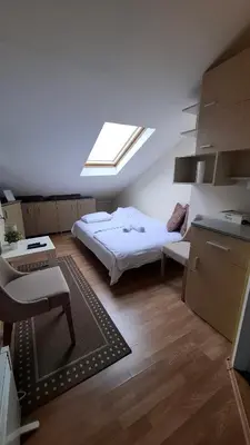 a small room with a bed and a skylight at Happy moment Niš in Niš
