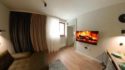 a living room with a couch and a fireplace on the wall at Bela Reka C320 Kopaonik Brzece in Brzeće