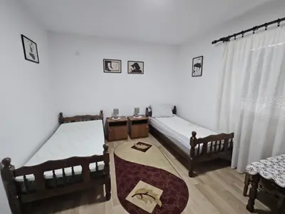 a bedroom with two beds and a rug at VILA MILA SOKOBANJA in Soko Banja