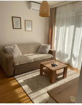 a living room with a couch and a coffee table at Woody apartman in Vrnjačka Banja