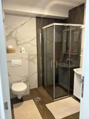 a bathroom with a shower and a toilet and a sink at Woody apartman in Vrnjačka Banja