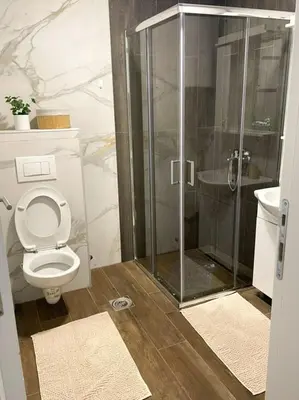 a bathroom with a toilet and a glass shower at Woody apartman in Vrnjačka Banja