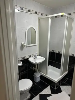 a bathroom with a toilet and a sink and a shower at Loli apartman in Kraljevo