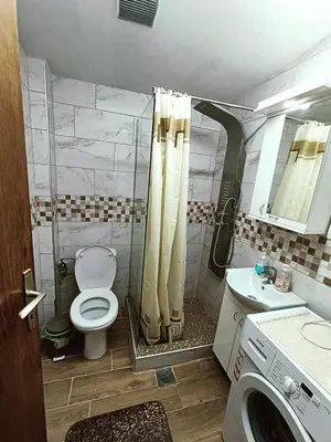 a bathroom with a shower and a toilet and a sink at Apartman Putnik in Vrnjačka Banja