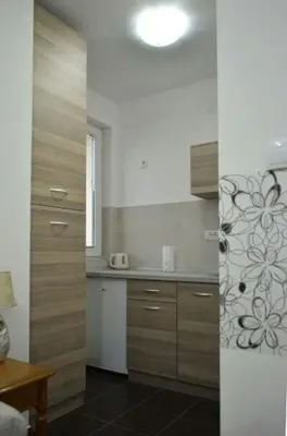 a kitchen with a door with a flower painted on it at Marta i Marija in Vrnjačka Banja