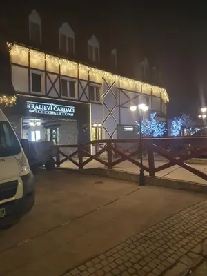 a building with christmas lights in a street at night at Ebra 76 Kraljevi Cardaci Kopaonik in Kopaonik