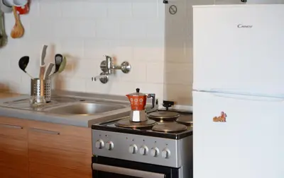 a kitchen with a stove and a white refrigerator at Cabin & Apartment Kopaonik in Kopaonik