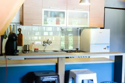 a kitchen counter with a sink and a refrigerator at Cabin & Apartment Kopaonik in Kopaonik