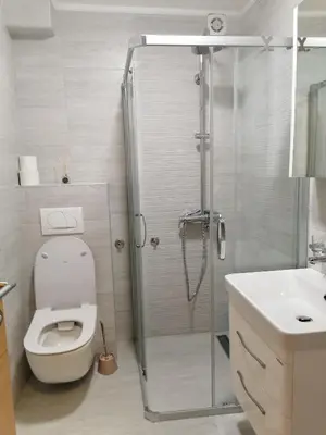 a bathroom with a shower and a toilet and a sink at Planinski Raj - Bela Reka Gondola in Brzeće