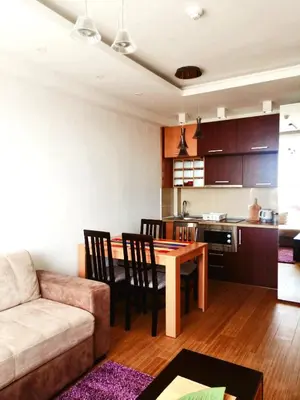 a living room with a couch and a table and a kitchen at Apartman KUTIJA Kopaonik in Kopaonik
