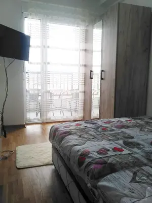 a bedroom with a bed and a large window at Apartman Filipović Vrnjačka Banja in Vrnjačka Banja