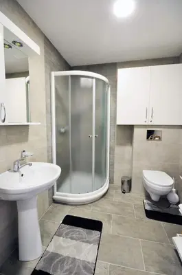 a bathroom with a shower and a sink and a toilet at Apartman Filipović Vrnjačka Banja in Vrnjačka Banja