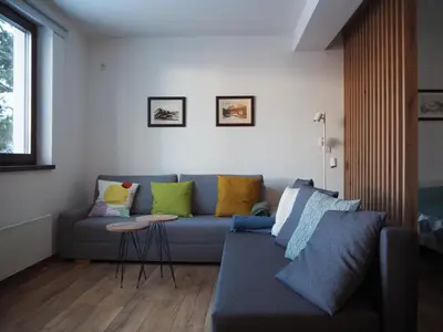a living room with a blue couch with colorful pillows at Apartman Duda in Kopaonik