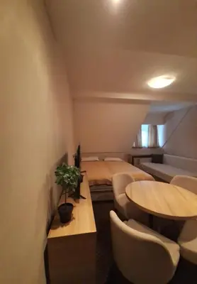 a small room with a bed and a table and chairs at Apartmani Haski Konaci in Kopaonik