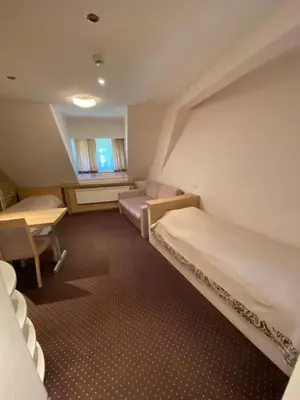 a small room with a bed and a desk at Apartmani Haski Konaci in Kopaonik