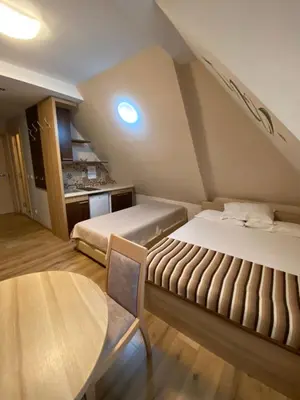 a small room with two beds and a table at Apartmani Haski Konaci in Kopaonik