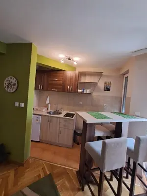 a kitchen with a table and chairs in a room at MAŠA Apartman Vrnjacka Banja in Vrnjačka Banja
