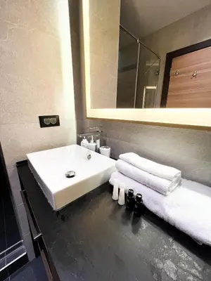 a bathroom with a white sink and a mirror at Woodside 007 in Kopaonik