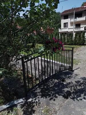 a black fence with flowers on it in front of a building at MERLIN KUĆa in Vrnjačka Banja