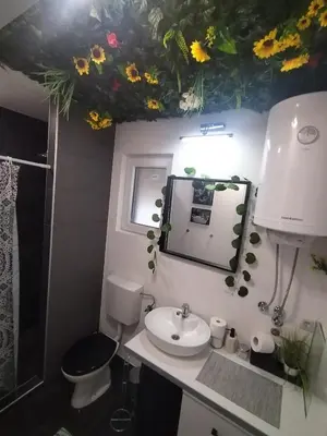 a bathroom with a sink and a mirror with flowers on the ceiling at MERLIN KUĆa in Vrnjačka Banja