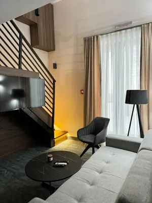 a living room with a couch and a tv at Woodside Kopaonik Duplex 003 in Kopaonik