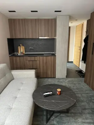 a living room with a white couch and a table at Woodside Kopaonik Duplex 003 in Kopaonik
